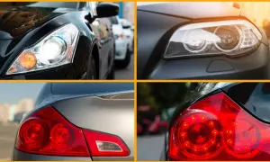 Primer plano de las luces de un turismo: cruce, posición, antiniebla y freno.