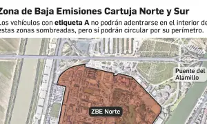 Mapa de la ZBE Sevilla, Cartuja Norte y Sur. Vehículos con etiqueta A no pueden entrar en zonas sombreadas. Puente del Alamillo visible.