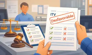 Un hombre recibe un informe de ITV desfavorable, con varias casillas marcadas con cruces rojas. A su lado, una balanza y un mazo de juez sugieren un proceso legal.