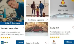 Mecánico sonriente con tablet, familia en aeropuerto, coche deportivo y manos protegiendo coche de juguete. Ofertas de RACE para tus viajes y seguros.