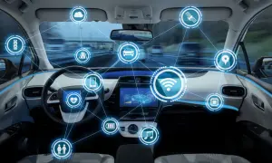 Interior de un ldw coche futurista con iconos de conectividad: wifi, corazón, batería, música, personas, chip, ubicación, satélite, carretera, semáforo y móvil.