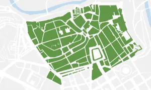Mapa de la zona bajas emisiones Pamplona, con áreas verdes que representan calles y edificios.