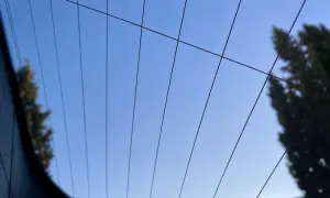Líneas finas cruzan el cielo azul claro, reflejando la luneta térmica de un coche.