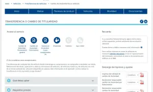 Página web de la DGT para cómo cambiar la titularidad de un coche sin venta. Muestra opciones como "Presentación general", "Ciclomotores" y "Casos excepcionales".