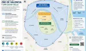 Mapa de la ZBE València y APR Ciutat Vella, mostrando zonas de bajas emisiones y áreas residenciales con restricciones de acceso para mejorar la calidad del aire.