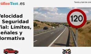 Señal de límite de velocidad de 120 km/h en una autopista. El texto indica "Velocidad y Seguridad Vial", sugiriendo que se trata de normas para evitar una velocidad anormalmente reducida o excesiva.