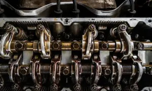 Detalle de culata de motor con válvulas y balancines aceitados. ¿Quieres saber como saber los cv de mi coche?