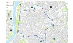 Mapa de la zona bajas emisiones Valladolid. Muestra el perímetro de la ZBE, entradas, salidas y paneles informativos.