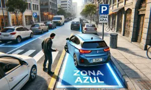 Un hombre cruza la calle en Granollers, donde un coche azul se estaciona en una ZONA AZUL iluminada.