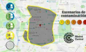 Pegatina B de Madrid, parte de un mapa de "Escenarios de contaminación" con distintivos DGT y niveles de polución.