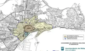Mapa de la zona bajas emisiones Málaga, con perímetros general, entorno protegido y Soho. Incluye cámaras analógicas.