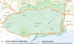 Mapa de la Zona de Bajas Emisiones de Barcelona, indicando vías excluidas y la necesidad de etiqueta para circular.