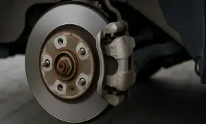 Primer plano de un disco y pinza de freno de servicio de coche, listos para detenerse.