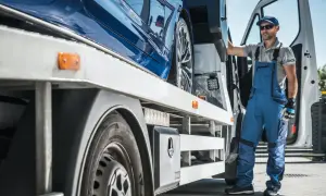 Trabajador con mono azul junto a un coche azul en una grúa. Un paso más para saber como quitar el embargo de un coche.