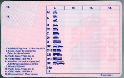 Permiso de conducir con categorías A1, A, B, C, D, BE, C1E, CE, D1E, DE y btp. Ideal para quien busca un canet de moto.