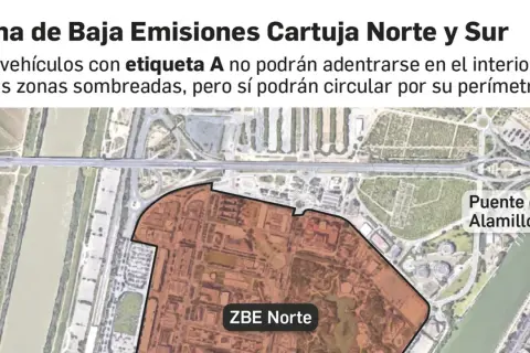Mapa de la ZBE Sevilla, Cartuja Norte y Sur. Vehículos con etiqueta A no pueden entrar en zonas sombreadas. Puente del Alamillo visible.
