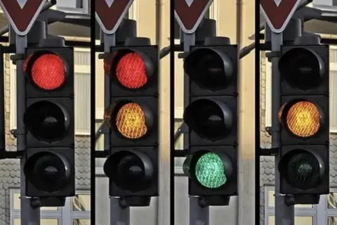 Secuencia de semáforos para tranvía: rojo, rojo/ámbar, verde, ámbar.