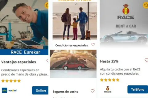 Mecánico sonriente con tablet, familia en aeropuerto, coche deportivo y manos protegiendo coche de juguete. Ofertas de RACE para tus viajes y seguros.