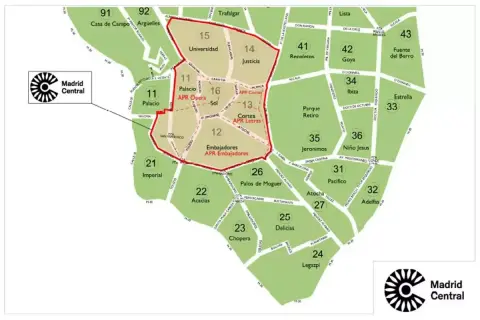 Mapa de la zona APR Madrid Central, mostrando barrios como Palacio, Embajadores y Cortes.