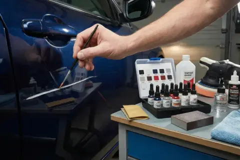 Persona aplica pintura con pincel para reparar arañazos coche. Kit de retoque, pulidora y alcohol isopropílico a la vista.