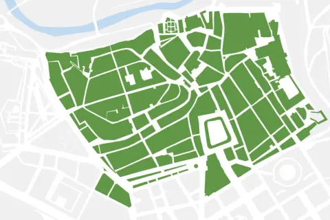 Mapa de la zona bajas emisiones Pamplona, con áreas verdes que representan calles y edificios.