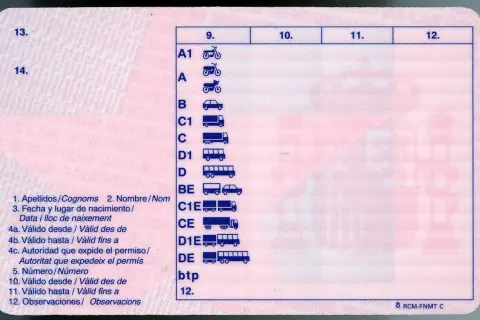 Permiso de conducir con categorías A1, A, B, C, D, BE, C1E, CE, D1E, DE y btp. Ideal para quien busca un canet de moto.