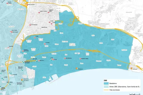 Mapa de la ZBE Badalona, con áreas de bajas emisiones y vías excluidas.