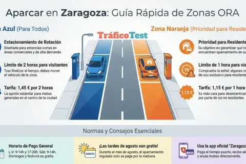 Guía de tipos de aparcamiento DGT en Zaragoza: Zona Azul (rotación, 2h, 1,45€) y Zona Naranja (residentes, 1h, 1,15€).