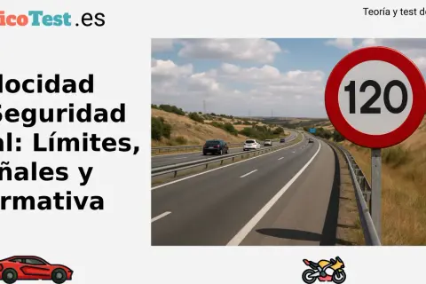 Señal de límite de velocidad de 120 km/h en una autopista. El texto indica "Velocidad y Seguridad Vial", sugiriendo que se trata de normas para evitar una velocidad anormalmente reducida o excesiva.