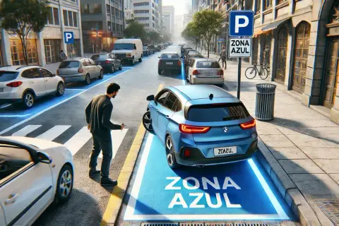 Un hombre cruza la calle en Granollers, donde un coche azul se estaciona en una ZONA AZUL iluminada.