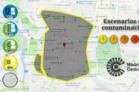 Pegatina B de Madrid, parte de un mapa de "Escenarios de contaminación" con distintivos DGT y niveles de polución.