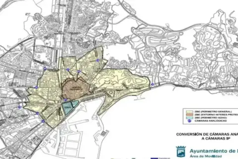 Mapa de la zona bajas emisiones Málaga, con perímetros general, entorno protegido y Soho. Incluye cámaras analógicas.