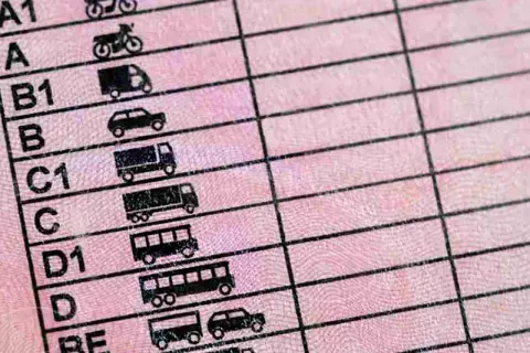 Detalle de un permiso de conducir con categorías como A1, A2, B, C, D, y sus subcategorías, mostrando iconos de motos, coches y camiones.