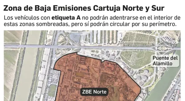 Mapa de la ZBE Sevilla, Cartuja Norte y Sur. Vehículos con etiqueta A no pueden entrar en zonas sombreadas. Puente del Alamillo visible.