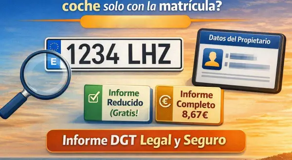 ¿Cómo saber el propietario de un coche? Imagen muestra matrícula, lupa, datos del propietario y opciones de informe.
