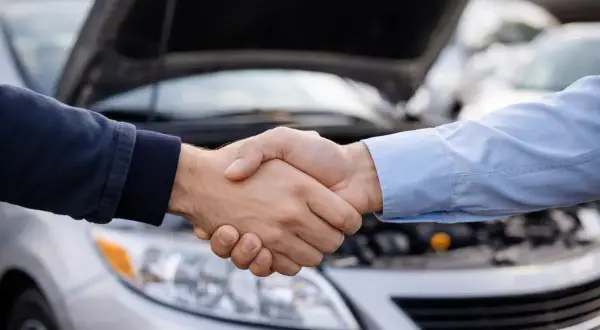 Dos hombres se dan la mano frente a un coche con el capó abierto. Un acuerdo sellado, el tfsi significado de una transacción exitosa.