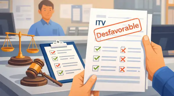 Un hombre recibe un informe de ITV desfavorable, con varias casillas marcadas con cruces rojas. A su lado, una balanza y un mazo de juez sugieren un proceso legal.