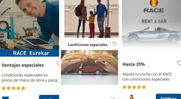 Mecánico sonriente con tablet, familia en aeropuerto, coche deportivo y manos protegiendo coche de juguete. Ofertas de RACE para tus viajes y seguros.