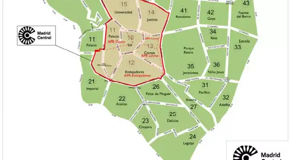 Mapa de la zona APR Madrid Central, mostrando barrios como Palacio, Embajadores y Cortes.