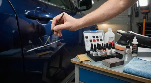 Persona aplica pintura con pincel para reparar arañazos coche. Kit de retoque, pulidora y alcohol isopropílico a la vista.