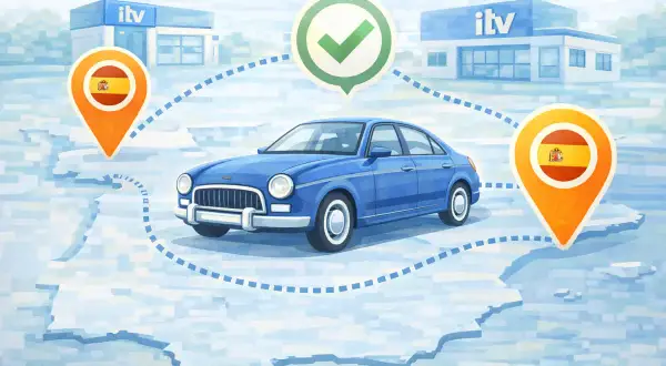 Un coche azul viaja entre dos centros ITV en España, con un punto de control de aprobación. ¡Es hora de la segunda cita ITV!