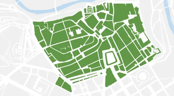 Mapa de la zona bajas emisiones Pamplona, con áreas verdes que representan calles y edificios.