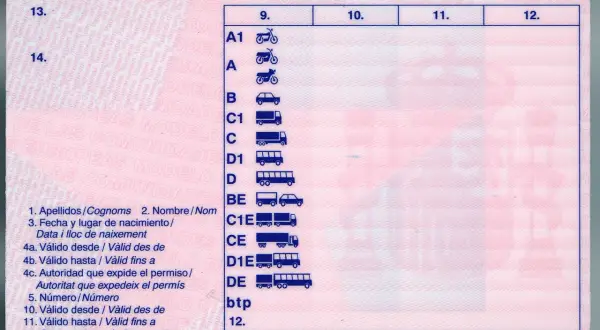 Permiso de conducir con categorías A1, A, B, C, D, BE, C1E, CE, D1E, DE y btp. Ideal para quien busca un canet de moto.