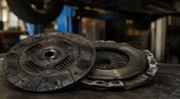 Dos discos de embrague desgastados en un taller. ¿Cuánto tarda en irse el olor a embrague quemado tras el cambio?