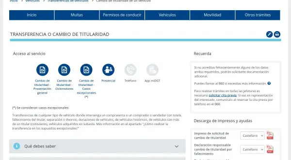Página web de la DGT para cómo cambiar la titularidad de un coche sin venta. Muestra opciones como "Presentación general", "Ciclomotores" y "Casos excepcionales".
