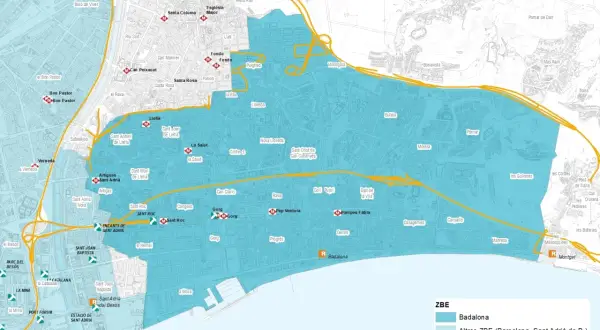 Mapa de la ZBE Badalona, con áreas de bajas emisiones y vías excluidas.