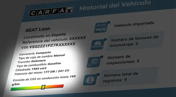 Historial de un SEAT León con matriculación por matrícula. Muestra datos como VIN, carrocería, motor y emisiones de CO2.