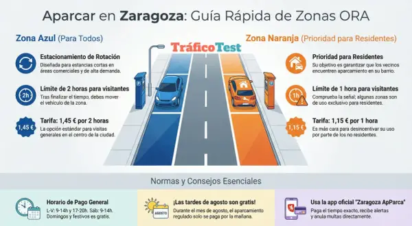 Guía de tipos de aparcamiento DGT en Zaragoza: Zona Azul (rotación, 2h, 1,45€) y Zona Naranja (residentes, 1h, 1,15€).