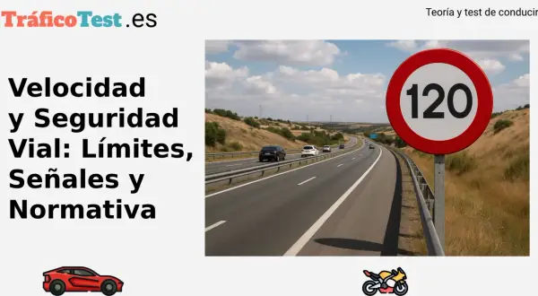 Señal de límite de velocidad de 120 km/h en una autopista. El texto indica "Velocidad y Seguridad Vial", sugiriendo que se trata de normas para evitar una velocidad anormalmente reducida o excesiva.