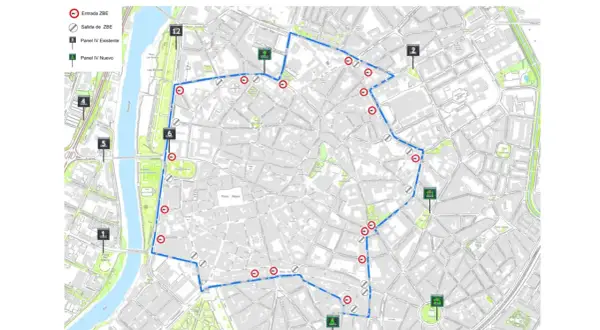 Mapa de la zona bajas emisiones Valladolid. Muestra el perímetro de la ZBE, entradas, salidas y paneles informativos.
